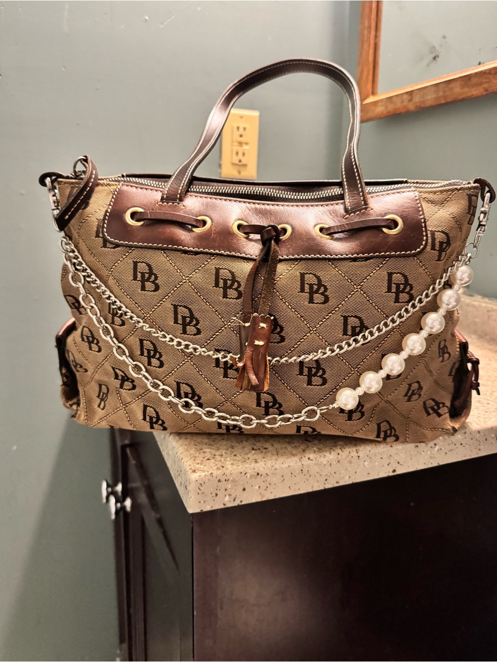 Dooney & Bourke (Vintage) Brown bag with Chain + Pearl Accents